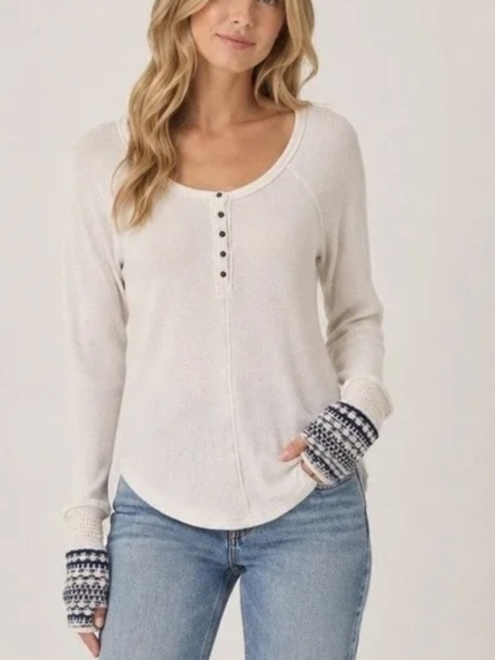 Free People Alpine Cuff Thermal Henley Waffle Knit Top M Ivory Blue